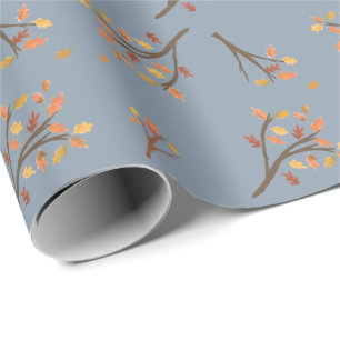 Dusty Blue Autumn Branch Leaves Fall Wrapping Paper