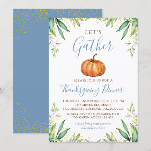 Dusty Blue Autumn Pumpkin Thanksgiving Dinner Invitation