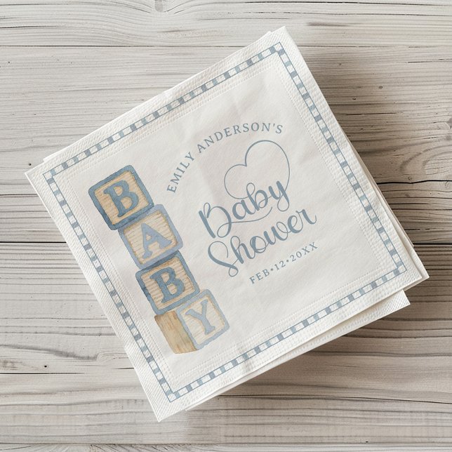 Dusty Blue Baby Blocks Baby Shower Napkins (Baby Shower Napkin)