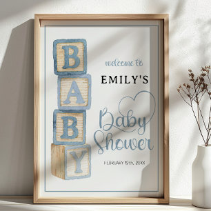 Dusty Blue Baby Blocks Baby Shower Welcome Poster