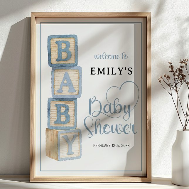 Dusty Blue Baby Blocks Baby Shower Welcome Poster (Baby Shower Welcome Sign)