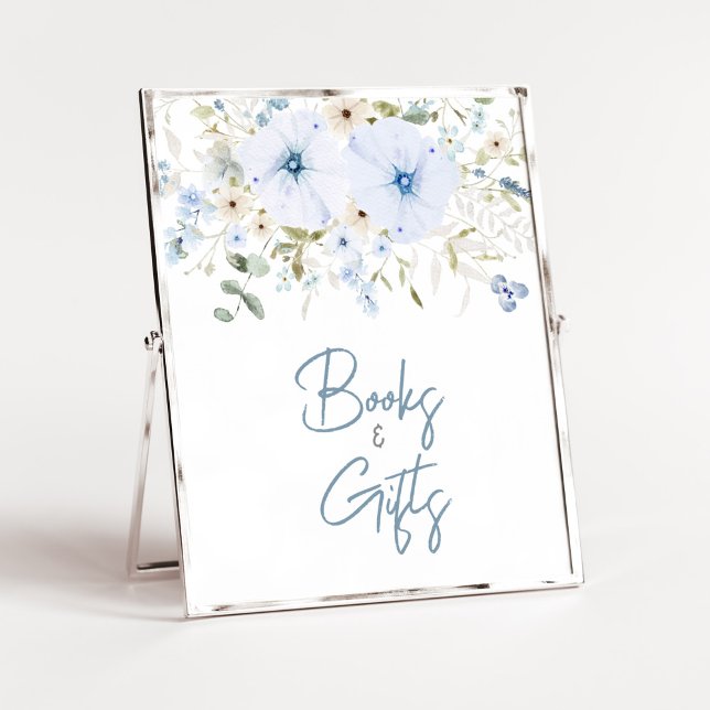 Dusty Blue Baby Bloom Baby Shower Books and Gifts Poster (Boy Spring Flowers Baby Shower Books and Gifts Sign)