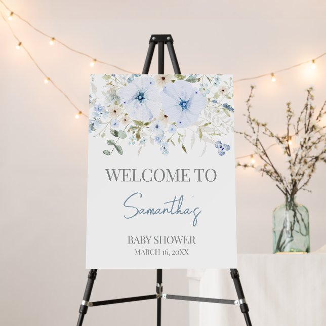 Dusty Blue Baby Bloom Baby Shower Welcome Sign (In Situ (Stand))