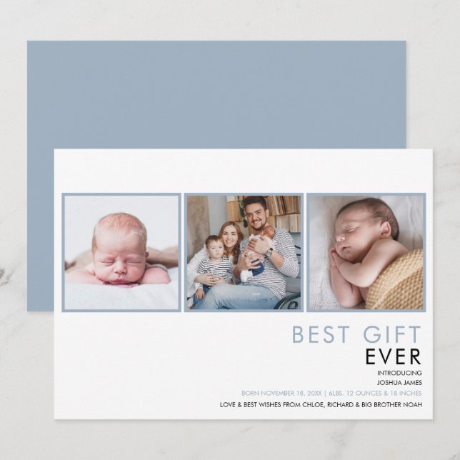Dusty Blue Baby Boy 3 Photo Birth  Announcement (Front/Back)