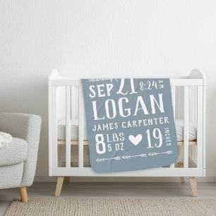 Dusty Blue Baby Boy Birth Stats Keepsake Blanket