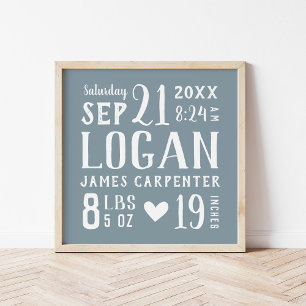 Dusty Blue Baby Boy Birth Stats Keepsake Poster