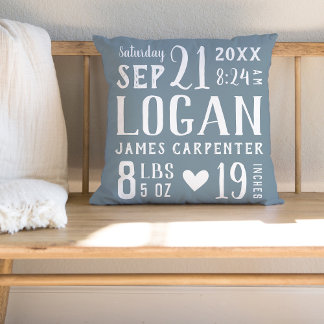 Dusty Blue Baby Boy Birth Stats Keepsake Throw Pillow