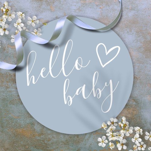 Dusty Blue Baby Boy Hello Baby Shower Classic Round Sticker