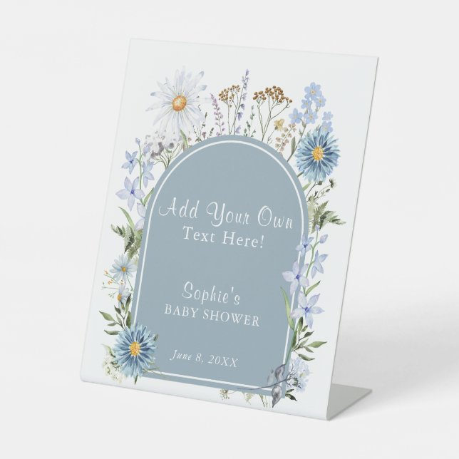 Dusty Blue Baby In Bloom Baby Shower Customizable Pedestal Sign (Front)