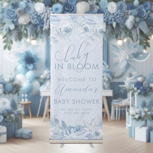 Dusty Blue Baby In Bloom Baby Shower Welcome Retractable Banner