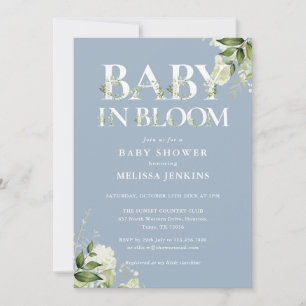 Dusty Blue Baby In Bloom Floral Photo Baby Shower Invitation