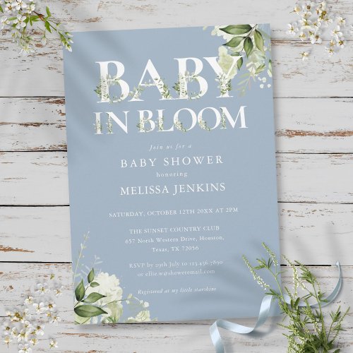 Dusty Blue Baby In Bloom Greenery Baby Shower Invitation