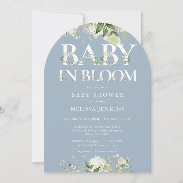 Dusty Blue Baby In Bloom Greenery Baby Shower Invitation (Front)