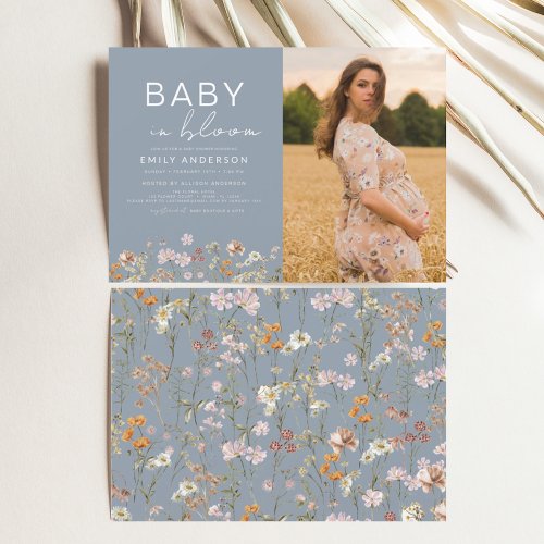 Dusty Blue Baby in Bloom Photo Baby Shower Invitation
