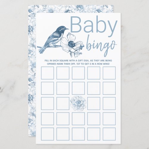 Dusty Blue Baby Shower Baby Bingo Game Card