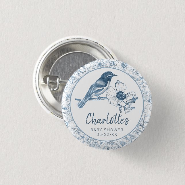 Dusty Blue Baby Shower Button Favor Chinoiserie (Front & Back)