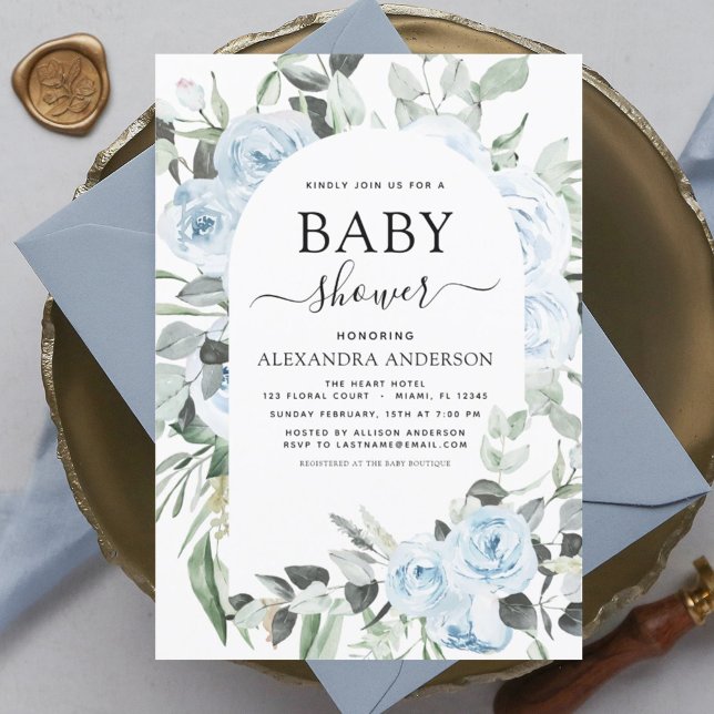Dusty Blue Baby Shower Floral Greenery Invitation (Creator Uploaded)