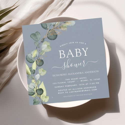 Dusty Blue Baby Shower Greenery Eucalyptus Invitation