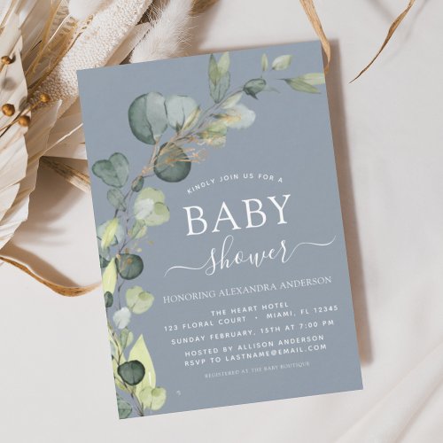 Dusty Blue Baby Shower Greenery Eucalyptus Invitation