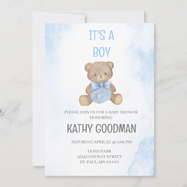 Dusty Blue Baby Shower Invitation for boy (Front)