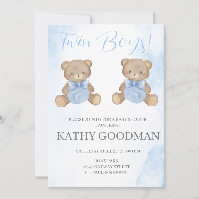 Dusty Blue Baby Shower Invitation for twin boys (Front)