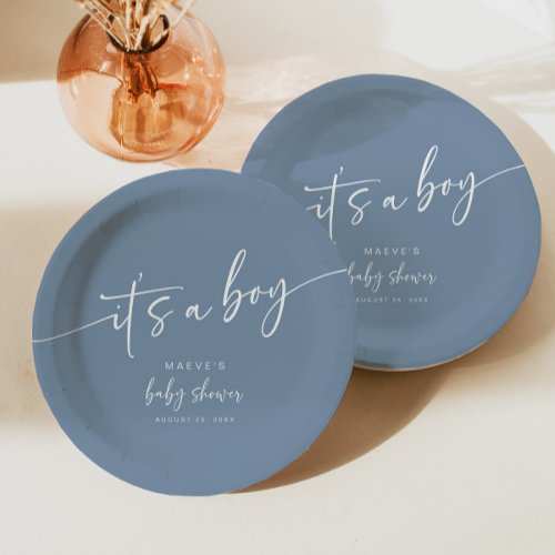 Dusty Blue Baby Shower Paper Plate Modern Boy