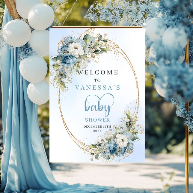 Dusty Blue Baby Shower Poster Eucalyptus Greenery  (Dusty Blue Baby Shower Poster Eucalyptus Greenery & Gold)