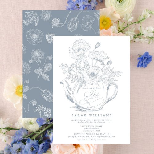Dusty Blue Baby Tea Party Shower Vintage Floral Invitation