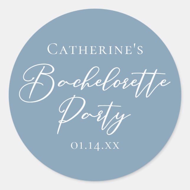 Dusty Blue Bachelorette Party Custom White Script Classic Round Sticker (Front)