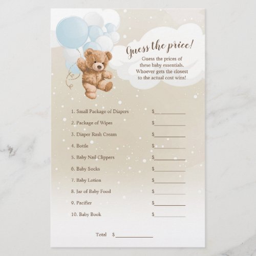 Dusty Blue Balloon Teddy Bear Guess The Price Game Flyer