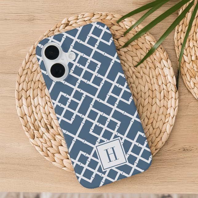 Dusty Blue Bamboo Lattice Pattern Monogram iPhone Case (Creator Uploaded)
