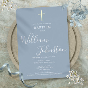 Dusty Blue Baptism Christening Elegant Gold Cross Foil Invitation