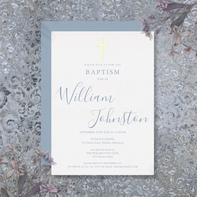 Dusty Blue Baptism Christening Elegant Gold Cross Foil Invitation (Dusty Blue Baptism Christening Elegant Gold Cross Foil Invitation)