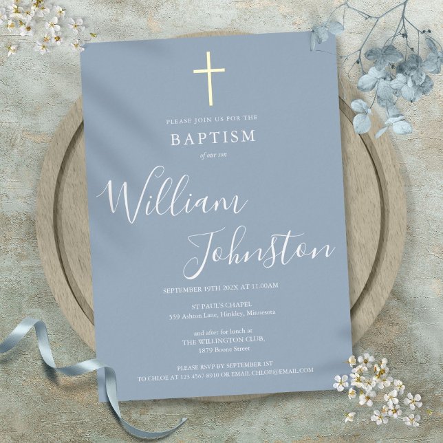 Dusty Blue Baptism Christening Elegant Gold Cross Foil Invitation (Dusty Blue Baptism Christening Elegant Gold Cross Foil Invitation)