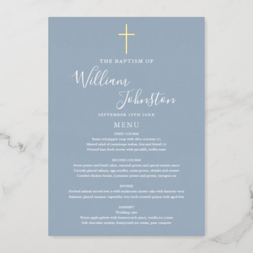 Dusty Blue Baptism Christening Gold Foil Menu Card