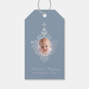 Dusty Blue Baptism Elegant Boy Photo Vintage Crest Gift Tags