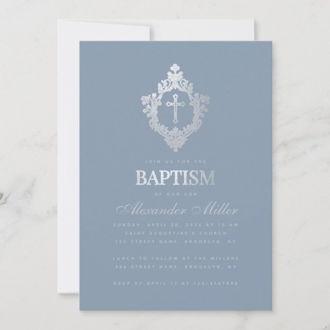 Dusty Blue Baptism Elegant Faux Silver Crest Boy  Invitation (Front)