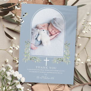 Dusty Blue Baptism Greenery Arch Photo Thank You Card