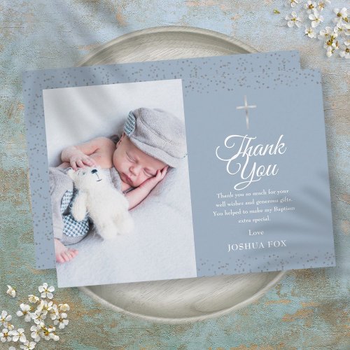 Dusty Blue Baptism Photo Silver Thank You