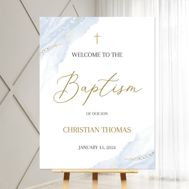 Dusty Blue Baptism Welcome Sign Poster, Gold Cross (Creator Uploaded)