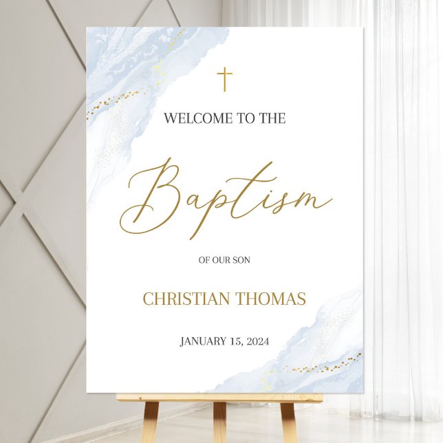 Dusty Blue Baptism Welcome Sign Poster, Gold Cross (Creator Uploaded)