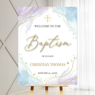 Dusty Blue Baptism Welcome Sign Poster, Gold Cross
