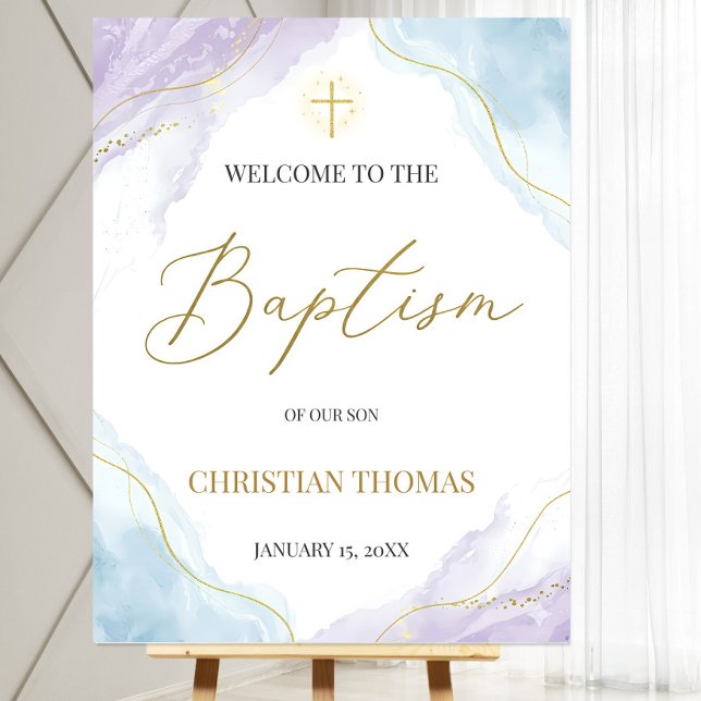 Dusty Blue Baptism Welcome Sign Poster, Gold Cross (Creator Uploaded)