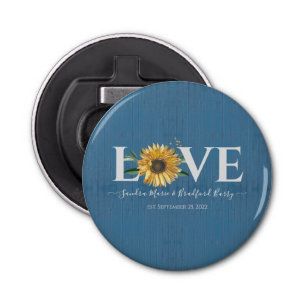 Dusty Blue Barn Wood, Golden Sunflower Wedding Bottle Opener