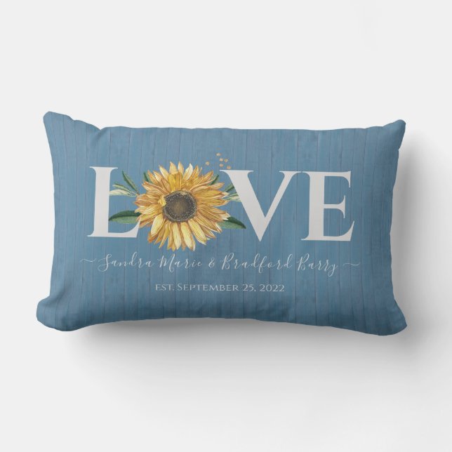 Dusty Blue Barn Wood, Golden Sunflower  Wedding  Lumbar Pillow (Front)