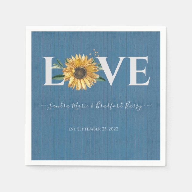 Dusty Blue Barn Wood, Golden Sunflower Wedding  Napkins (Front)
