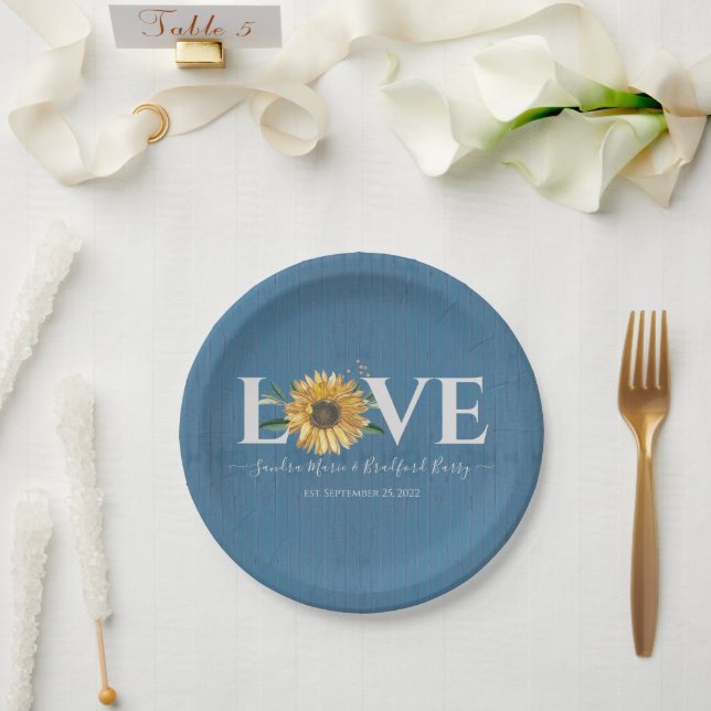 Dusty Blue Barn Wood, Golden Sunflower Wedding Paper Plates (Wedding)
