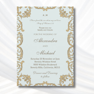 Dusty Blue Baroque Bible Verse Christian Wedding Invitation