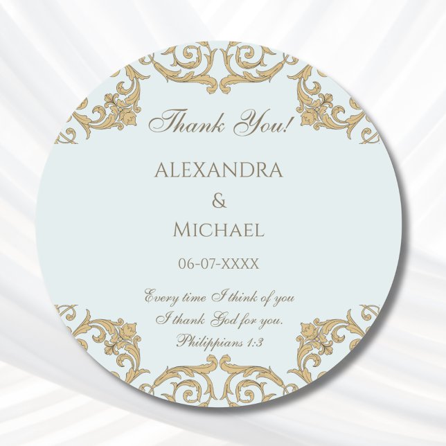 Dusty Blue Baroque Christian Wedding Thank You  Classic Round Sticker (Creator Uploaded)