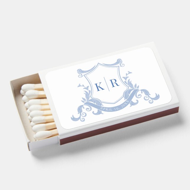 Dusty Blue Baroque Crest Monogram White Wedding Matchboxes (Front Open)